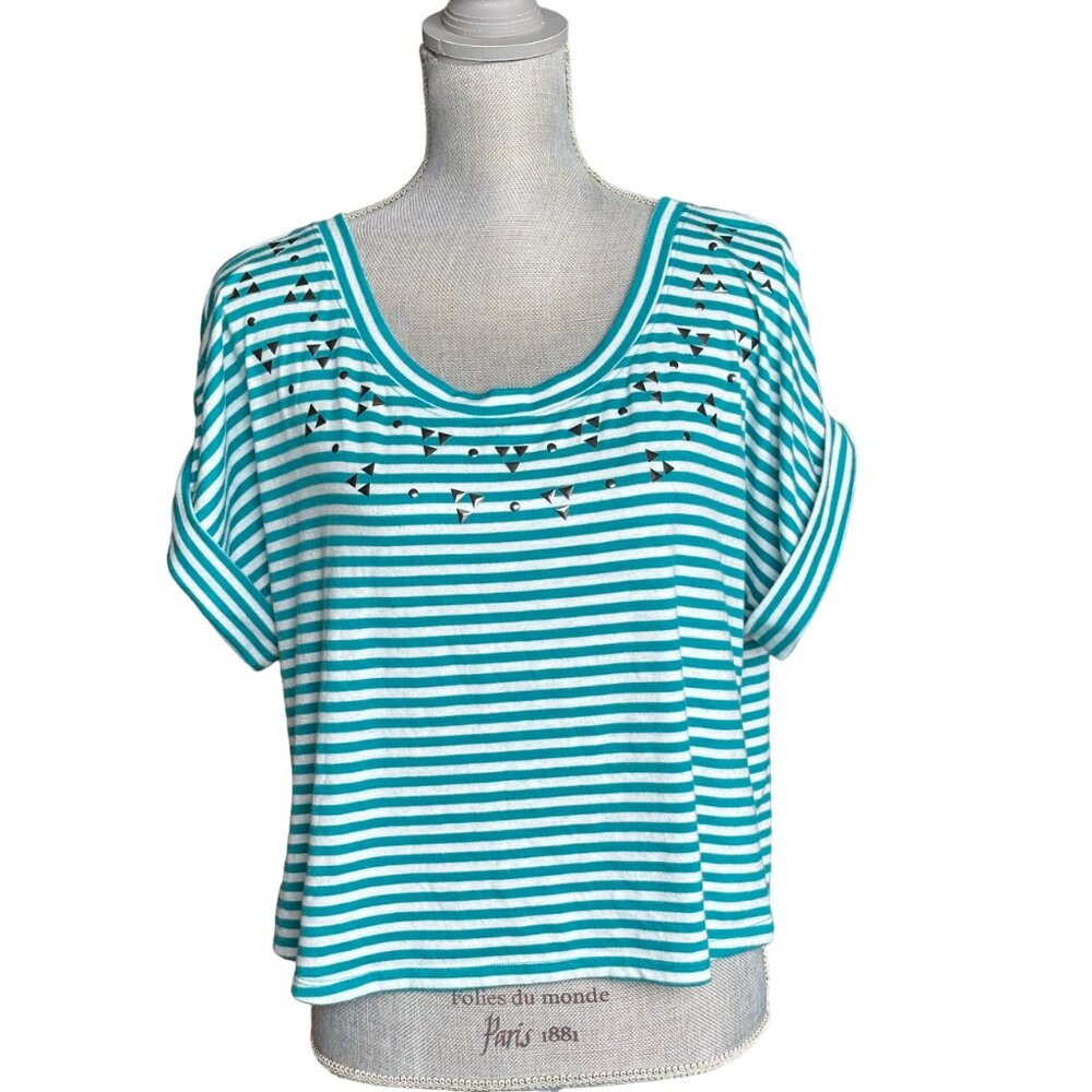 Material Girl Midriff Top - Size M - Blue & White Striped Blouse - Scoop Neck